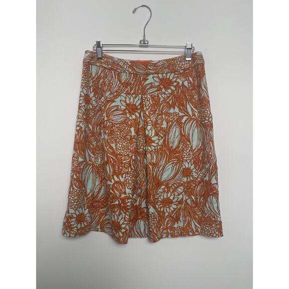 Etcetera Orange Blue Leaf Floral Safari Pleated Knee Length Skirt Size 4 - Picture 1 of 6